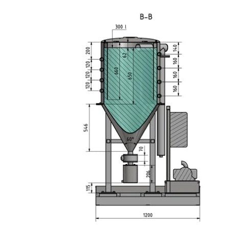 Einfache zweidimensionale technische Zeichung des Tangential Separators